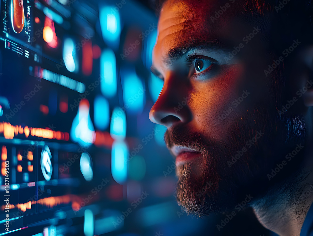 Poster a focused individual gazes at a futuristic digital interface, immersed in technology.