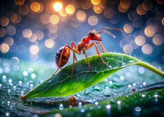 Naklejka premium A vivid red ant rests on a dew-kissed leaf, surrounded by enchanting bokeh lights, highlighting nature's intricate beauty in urban exploration photography.
