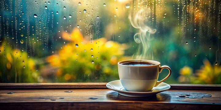 a warm cup of coffee rests on the windowsill, surrounded by raindrops, as soft light filters in, creating a relaxing atmosphere.