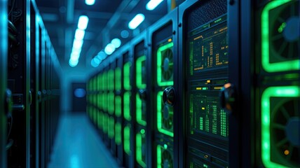 Obraz premium Server room with illuminated racks and equipment, suitable for technology and data center themes.