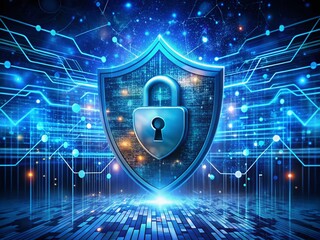 Surreal Concept of Security and Data Protection Featuring a Blue Shield Locking Private Information in an Abstract Digital Environment, Emphasizing Trust and Privacy in Technology