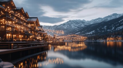 Fototapeta premium Serene Evening by the Lakeside Resort with Charming Cabin Lights and Snowy Mountains in the Background