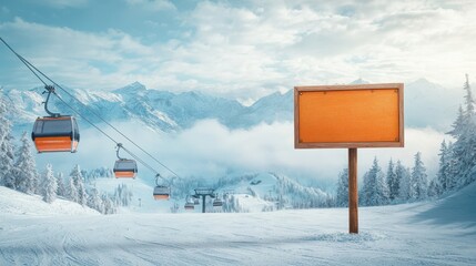 Blank wooden warning sign at ski mountain resort. Template mockup concept for advertising or commemoration on winter sports or holidays