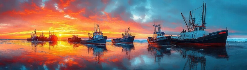 Fototapeta premium Fishing fleet leaving a harbor at sunrise in the Southern Ocean, icy blue tones, and warm sky reflections