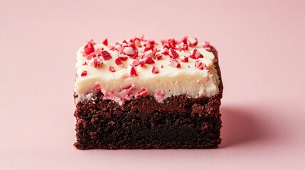 Close up of a brownie slice with a rich chocolate layer and peppermint frosting, isolated on a clean pastel background