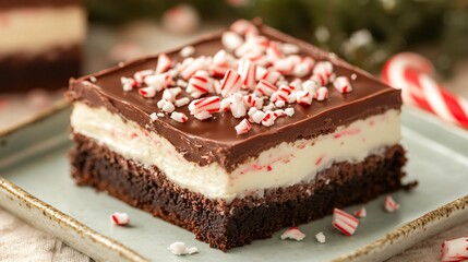 Close up of a peppermint brownie slice with layers of frosting and chocolate glaze, garnished with crushed candy canes