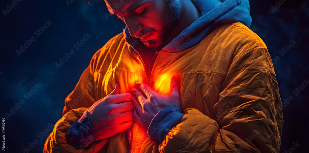 Poster A man in a glowing jacket appears introspective, with a warm light emanating from his chest.