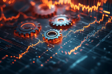 An abstract digital composition with glowing interconnected gears, dynamic data graphs, and futuristic holographic elements on a sleek blue and silver gradient background