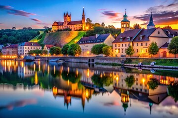 Fototapeta premium Surreal Evening at Mainufer with Marienkapelle: Dreamy Reflections and Twinkling Lights in Würzburg's Enchanting Landscape