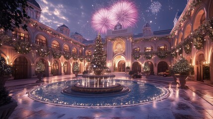 Obraz premium Elegant festive courtyard with a luxurious fountain, sparkling Christmas tree, and vibrant fireworks illuminating a grand architectural backdrop in a magical evening setting