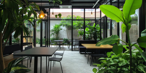 Naklejka premium A modern coworking space with open seating, natural lighting, and lush green plants. The productive and inviting environment captures the essence of modern work culture.