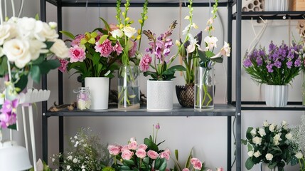 Shelf with Fresh Flowers in the Room - A charming and tranquil setting. The fresh flowers add a touch of nature and beauty to the room.