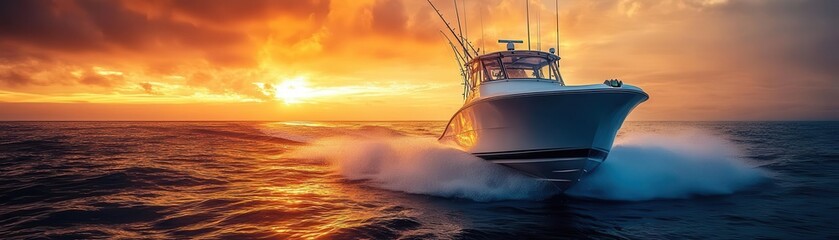 Modern fishing boat equipped with radar and sonar, sleek design, and dynamic oceanic backdrop
