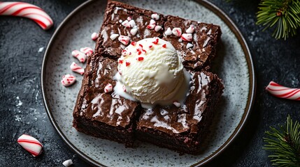 Peppermint brownies plated with a scoop of vanilla ice cream, garnished with crushed candy canes, on a dark slate background
