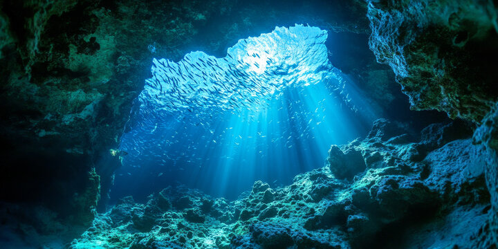 A mystical underwater cavern with glowing coral, schools of fish, and a shimmering light filtering through the water. The magical setting feels otherworldly and serene.