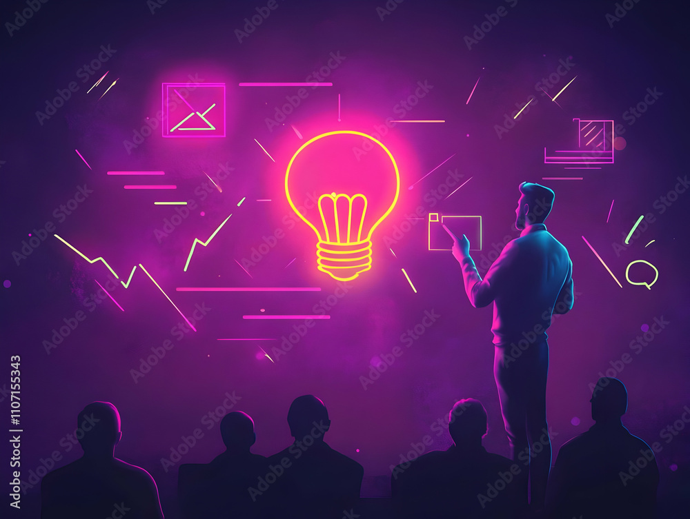 Poster a person presenting innovative ideas with a glowing light bulb and abstract graphics.