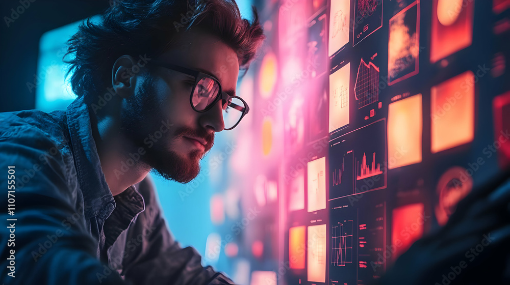 Poster A focused individual analyzes data on a digital screen filled with vibrant graphics.