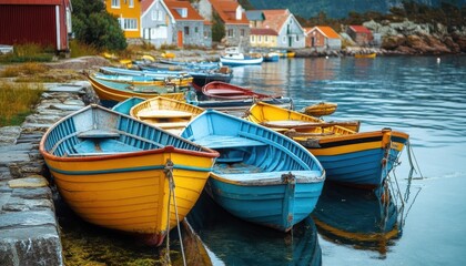 Obraz premium Small fishing village on the Atlantic coast, colorful boats docked along a pier, bright coastal sunlight