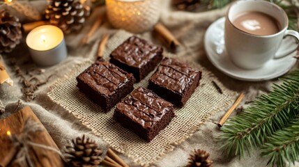 Rustic presentation of brownies on a burlap cloth, with steaming mugs of hot cocoa and holiday candles nearby