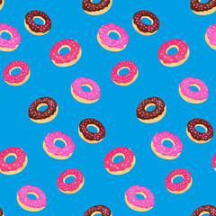 Fun and playful seamless pattern featuring colorful donuts with pink and chocolate frosting on a vibrant blue background. Designs for fabric, stationery, wrapping paper, and food-related designs