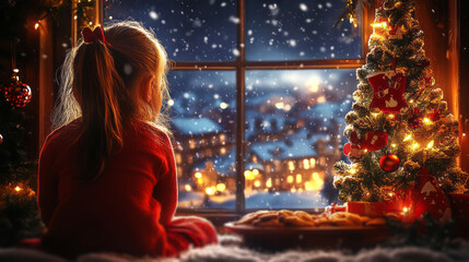 heartwarming Christmas scene ,  young girl with a thoughtful expression sits near a frosty window,