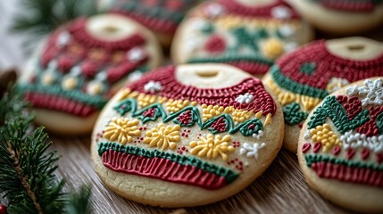Holiday-themed ugly sweater cookies, featuring intricate icing patterns and vibrant color schemes, captured in a detailed close-up