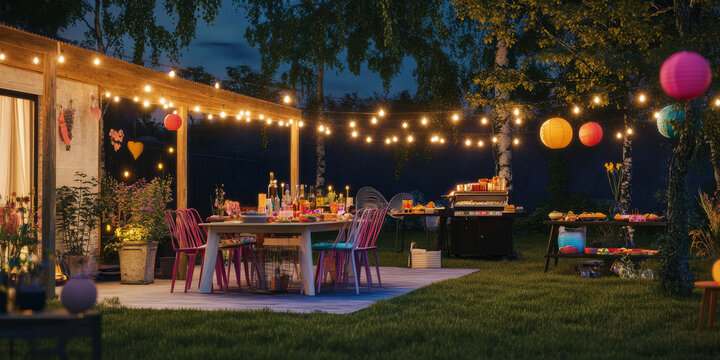 A vibrant garden party with string lights, colorful decorations, and guests enjoying food and drinks under a starry sky. The cheerful atmosphere is full of life and celebration.