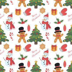 Vector merry Christmas seamless pattern. Christmas tree, gingerbread man cookie, striped candy cane, glove, snowman on white. Winter wrapping paper decoration, greeting card, wallpaper