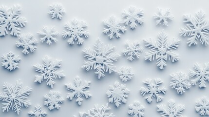 Abstract winter composition featuring 3D snowflakes delicately arranged on a white background