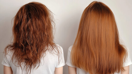 A collage featuring two types of hair, promoting hair care products and restorative treatments such as Botox for hair and keratin straightening.