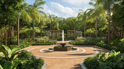 Fototapeta premium Lush tropical garden with central fountain.