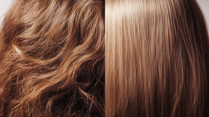 Naklejka premium A collage featuring two types of hair, promoting hair care products and restorative treatments such as Botox for hair and keratin straightening.