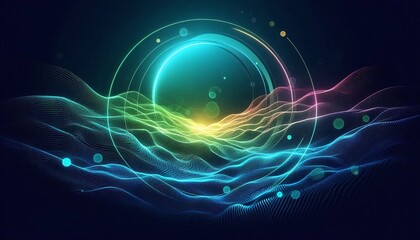 neon digital abstract background that resembles planet earth on waves of energy