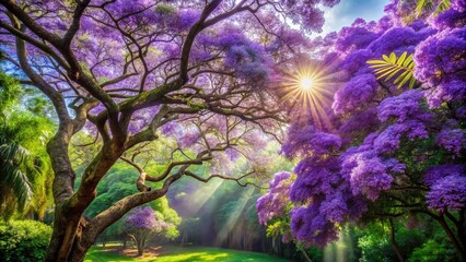 Surreal Jacaranda Mimosifolia with Ethereal Green Leaves Background Captured in Dreamlike Essence of Nature's Beauty and Vibrant Colors for Artistic Exploration and Imagination