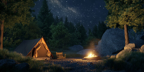 A cozy forest campsite with a tent, a crackling fire, and a star-filled night sky above. The tranquil outdoor setting captures the essence of adventure and peace.