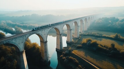 Obraz premium Scenic train on long bridge, vast nature captured from above. Aerial view train passing through