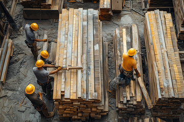 Collaboration among a diverse team of carpenters working on a construction site