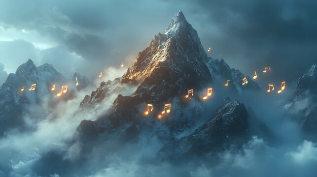 Misty Mountain with Glowing Musical Notes