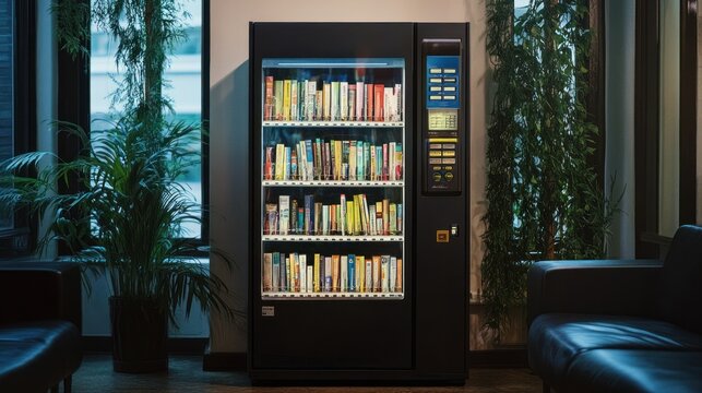 Automated vending machine dispensing books and magazines, situated in a quiet library corner