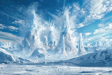 Snow-Covered Mountain Range with Icy Towers and a Frozen Lake