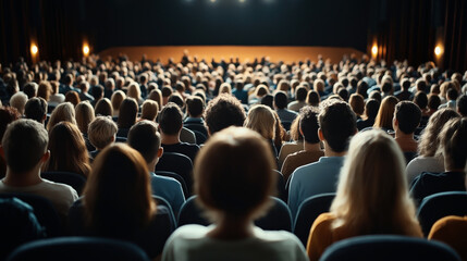 Large audience seated in a theater or cinema, viewed from the back, facing towards a stage or screen with dim lighting.
