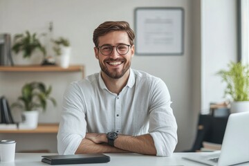 Smiling man in casual attire sitting at a workspace surrounded by plants