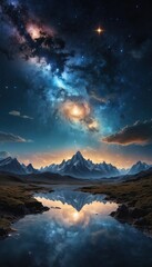 Majestic mountain landscape under a starry night sky with a reflection in a serene lake.
