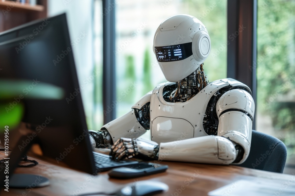 Poster advanced robot working at a computer in a modern office setting during daytime hours