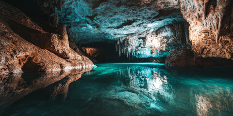 A mysterious underground cavern with glowing crystals and a shimmering pool of water. The dark, shadowy walls and ethereal light create an otherworldly ambiance.
