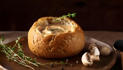 Delicious creamy mushroom soup perfectly presented in a rustic sourdough bread bowl, garnished with fresh herbs. A comforting and warm meal for cozy autumn and winter seasons.