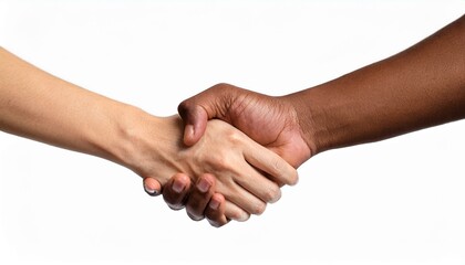Multicultural diversity joining of hands, handshake, togetherness, community photo with diverse skin colors on isolated white background