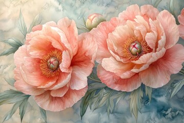 Two delicate peach-colored peonies in full bloom with soft green leaves and a blue watercolor background.