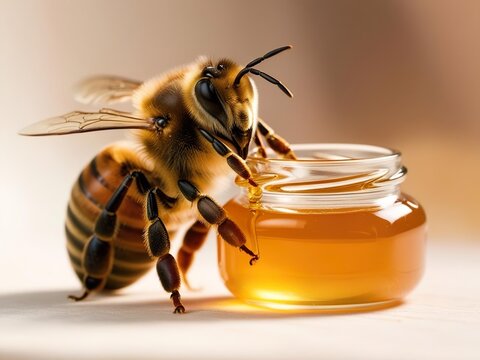A bee holds a jar of honey in its paws