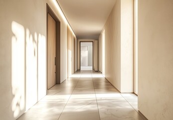 Abstract white corridor with doors and lights, a minimalistic interior design of the hall in an office, museum, or gallery